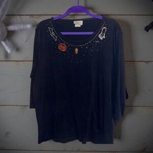 🎃 Vintage Halloween Embellished Black Top — Bats, Pumpkin, Ghost